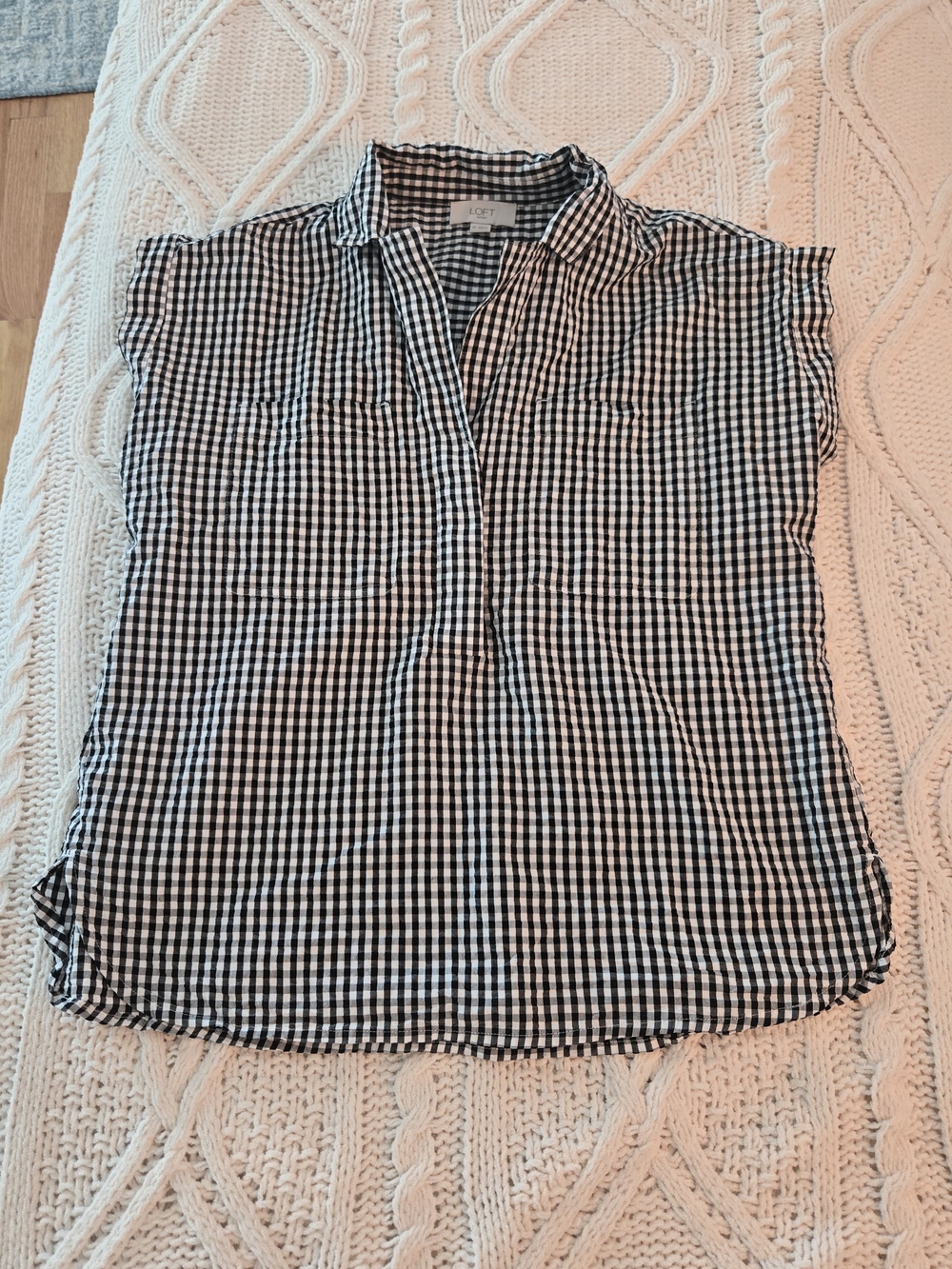 LOFT Black & White Gingham Cap-Sleeve Blouse XS